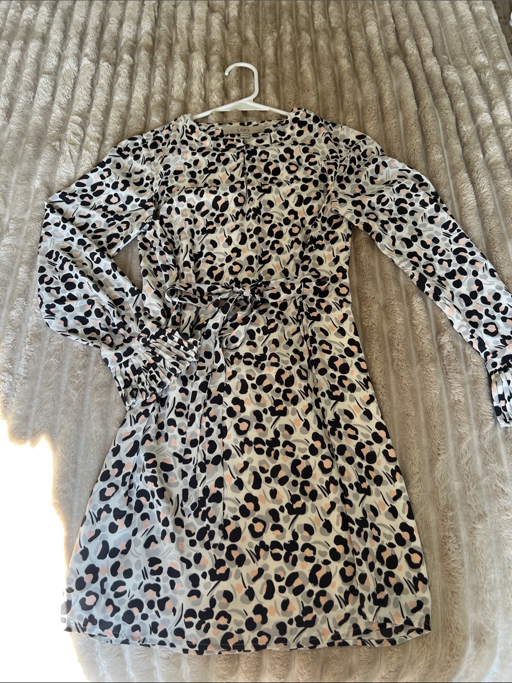 LOFT Cream Leopard Print Long-Sleeve Tie-Waist Dress